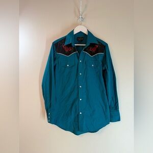 High Noon Pearl Snap Shirt Mens Rodeo Cowboy Western Embroidered Rose Blue Small